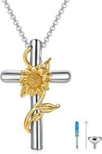 wholesale 925 Sterling Silver Sunflower Rose Cross Cremation Urn Necklace with Ashes Hair Memorial Pendant Always in My Heart Locket for Women-Sunflower