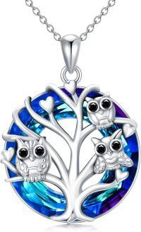 wholesale 925 Sterling Silver Blue Crystal Tree of Life Owl Pendant Necklace Gifts for Women-Blue Crystal