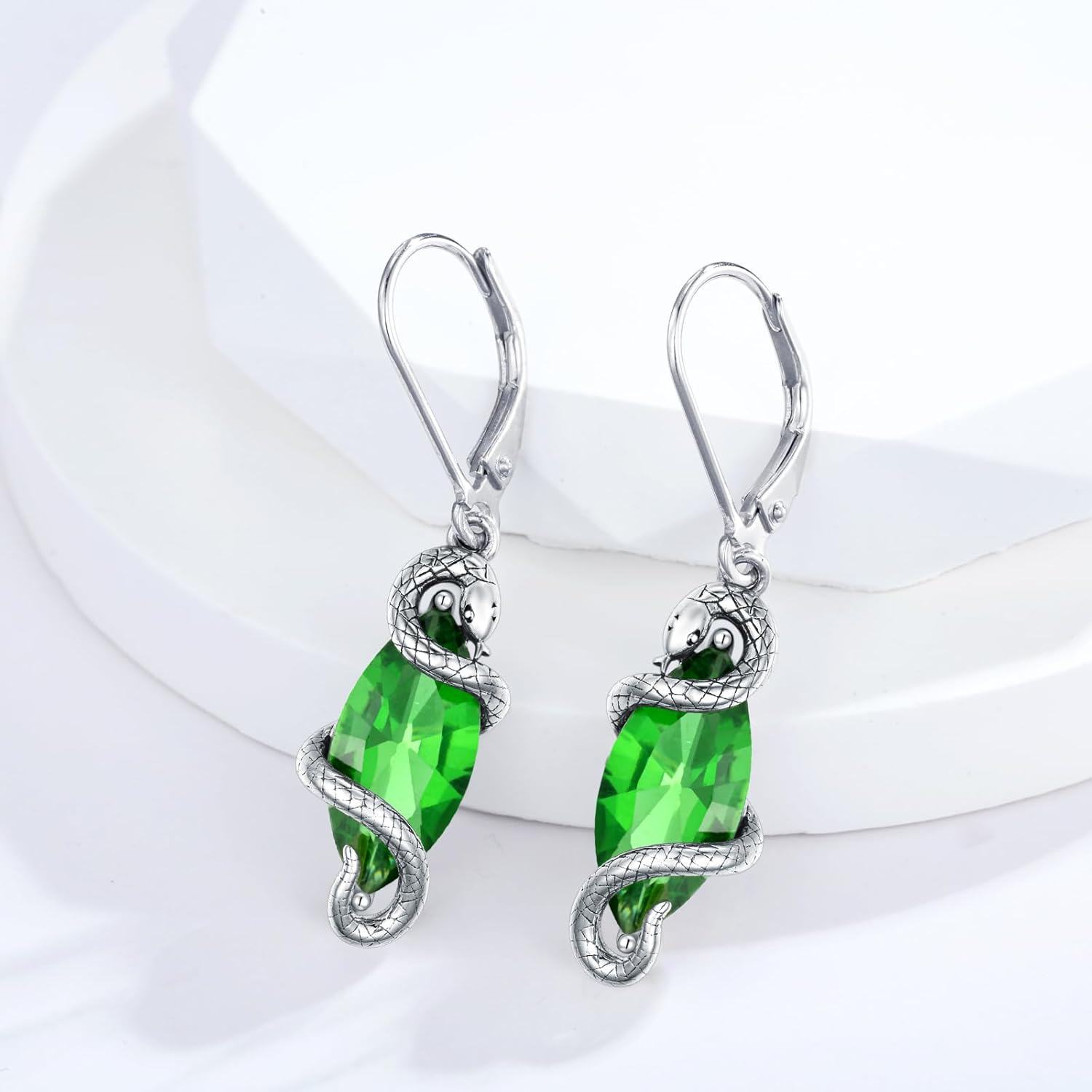 Sterling Silver Crystal Vintage Snake Dangle Drop Leverback Earrings for Women-0-3