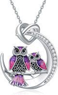 wholesale 925 Sterling Silver Purple Enamel Double Owls Love Knot Pendant Necklace for Women-0-0