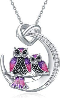 wholesale 925 Sterling Silver Purple Enamel Double Owls Love Knot Pendant Necklace for Women-Moon Owl