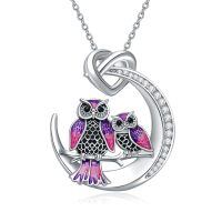 wholesale 925 Sterling Silver Purple Enamel Double Owls Love Knot Pendant Necklace for Women-Moon Owl