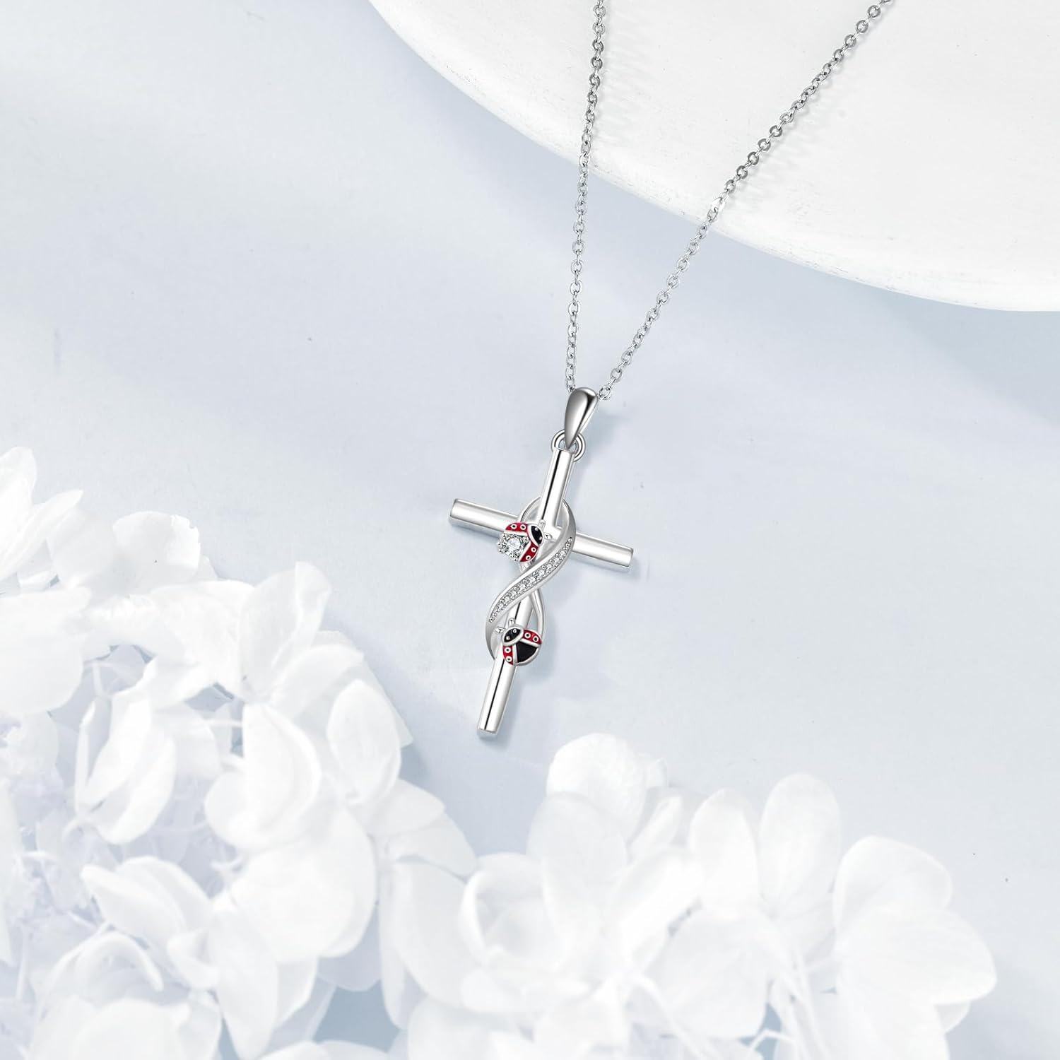 wholesale 925 Sterling Silver Ladybug and Snake Design Cross Pendant Necklace-0-3