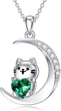wholesale Sterling Silver Birthstone Cat Pendant Necklace for Women-05 May-Emerald