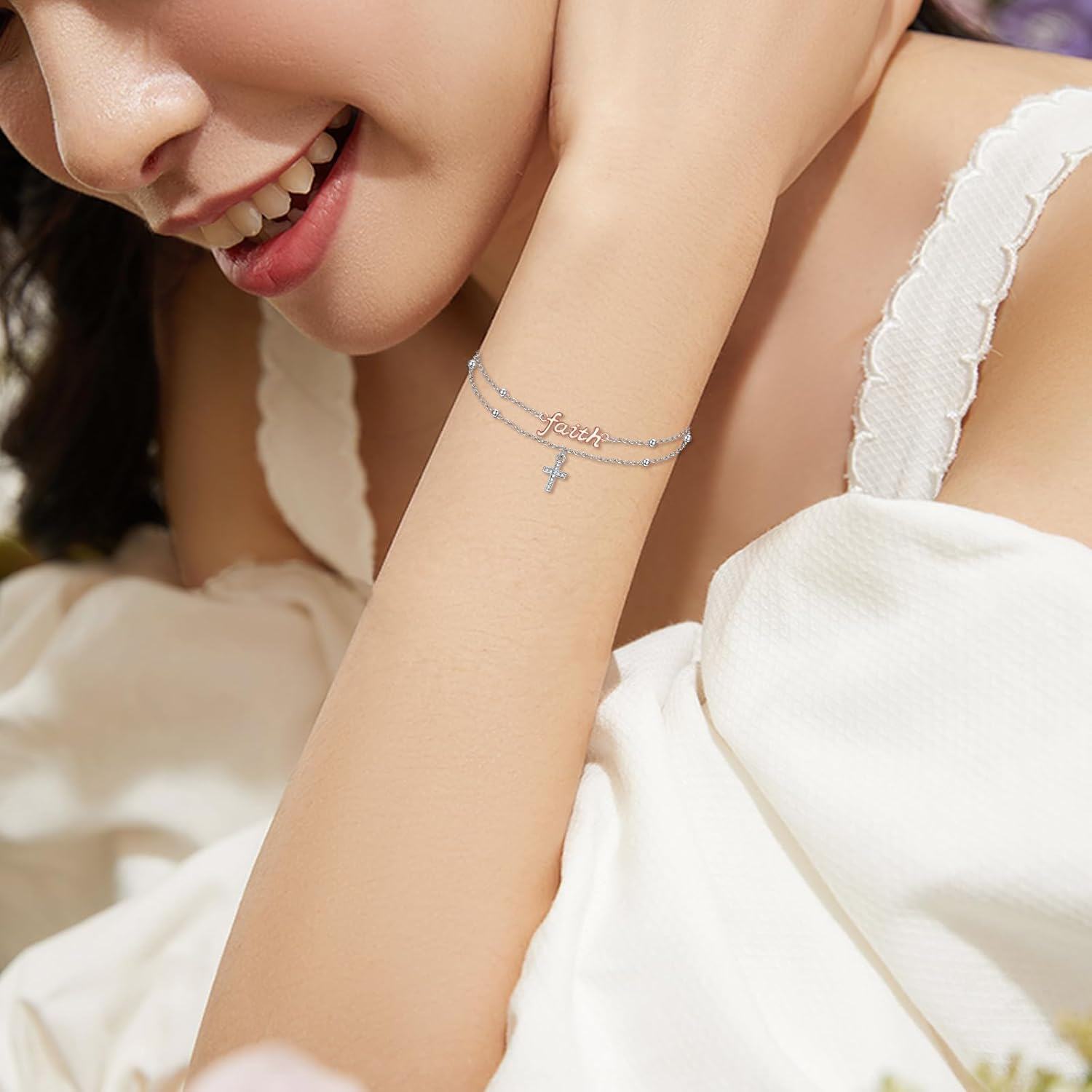 wholesale 925 Sterling Silver Faith Charm & Cross Anklet Bracelet s for Women-0-4