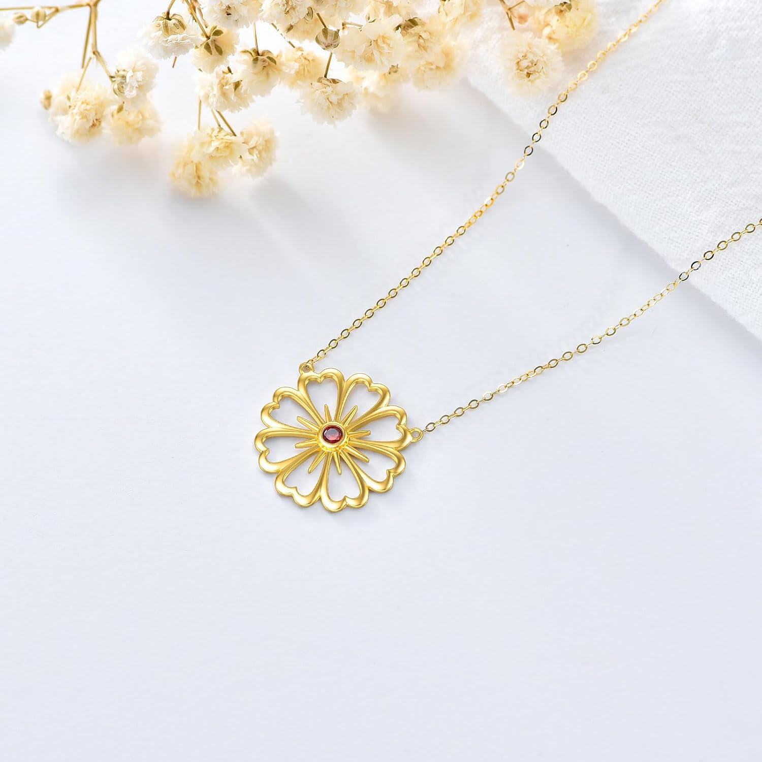 wholesale 14K Gold Daisy Flower Pendant Necklace with Red Stone for Women - Anniversary & Christmas Gifts-0-2
