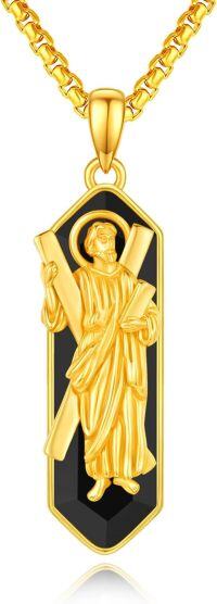 wholesale 925 Sterling Silver Gold Plated Saint Pendant with Black Onyx Stone and Religious Figure Charm Necklace for Men Women 24 Chain-St Andrew