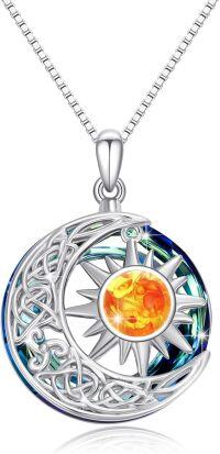 wholesale 925 Sterling Silver Sun & Moon Pendant w/Moonstone and Amber Stone - For Women-Amber Sun Necklace