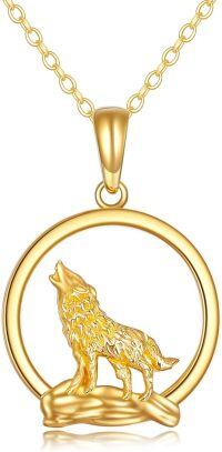 wholesale 14K Yellow Gold Cubic Zirconia Wolf Pendant Necklace, Brave Spirit Jewelry Gift for Women Men-Gold