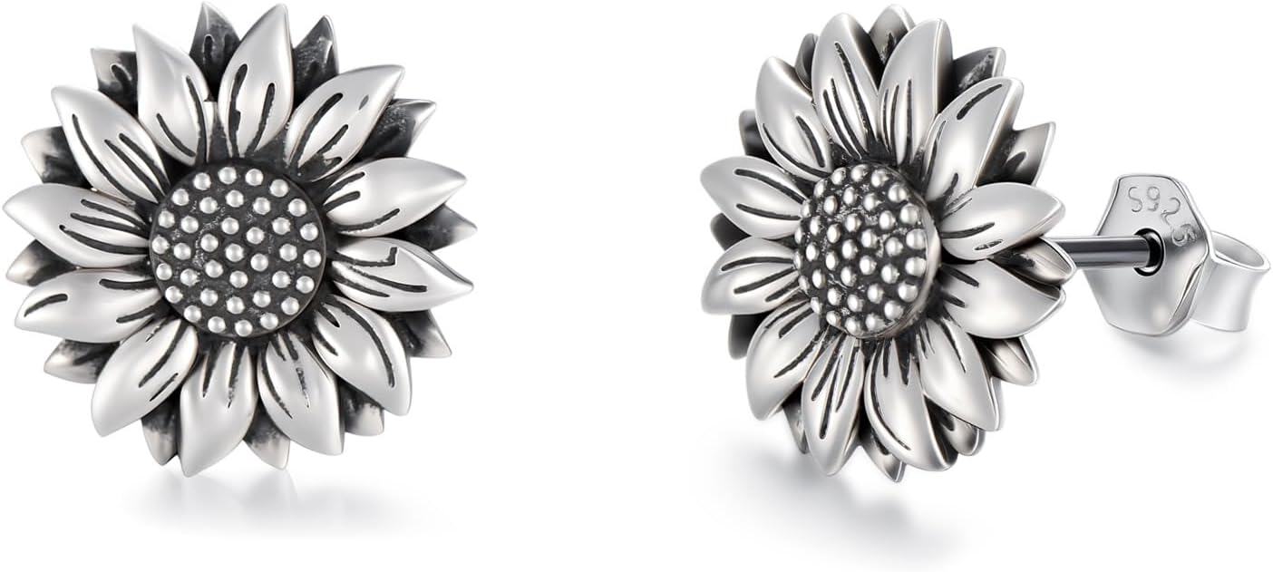 Sterling Silver Crystal Sunflower Stud Earrings Two Tone You Are My Sunshine Gift for Women Mom-Antiqued Sunflower Earrings