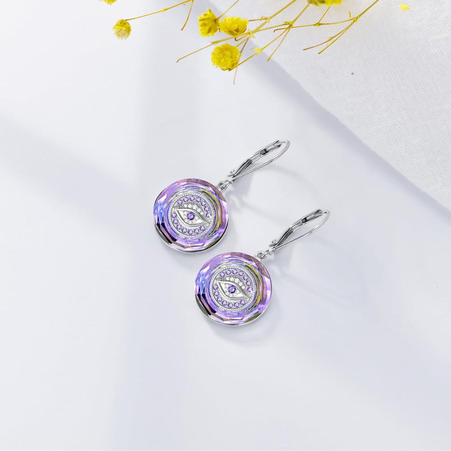 wholesale 925 Sterling Silver Purple Crystal Evil Eye Leverback Drop Dangle Earrings for Women-0-1