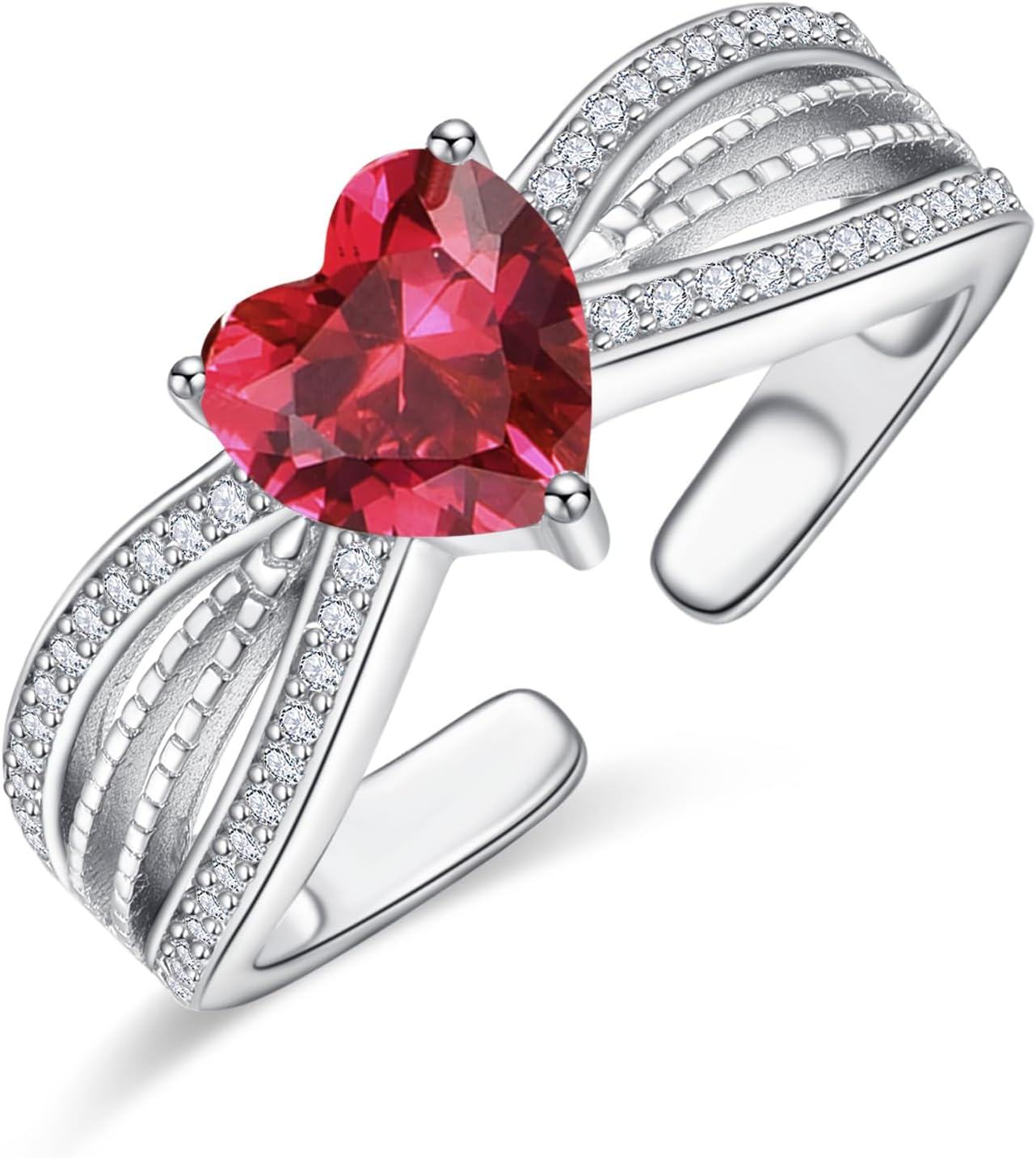 Sterling Silver CZ Heart Rings Adjustable Birthstone Jewelry Gift for Women Mom-January Birthstone