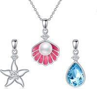 wholesale 925 Sterling Silver Starfish Shell Teardrop Ocean Elements Pendant Necklaces (Set of 3) with 40cm+6CM Chains-Pink Shells