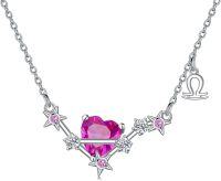 wholesale 925 Sterling Silver Pink Heart & Star Zodiac Pendant Necklace for Women and Moms-10_Libra(9.23-10.23)_Pink Tourmaline