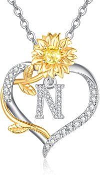 wholesale Gold Plated Sterling Silver Sunflower Letter Heart Pendant Necklace for Women-Letter N
