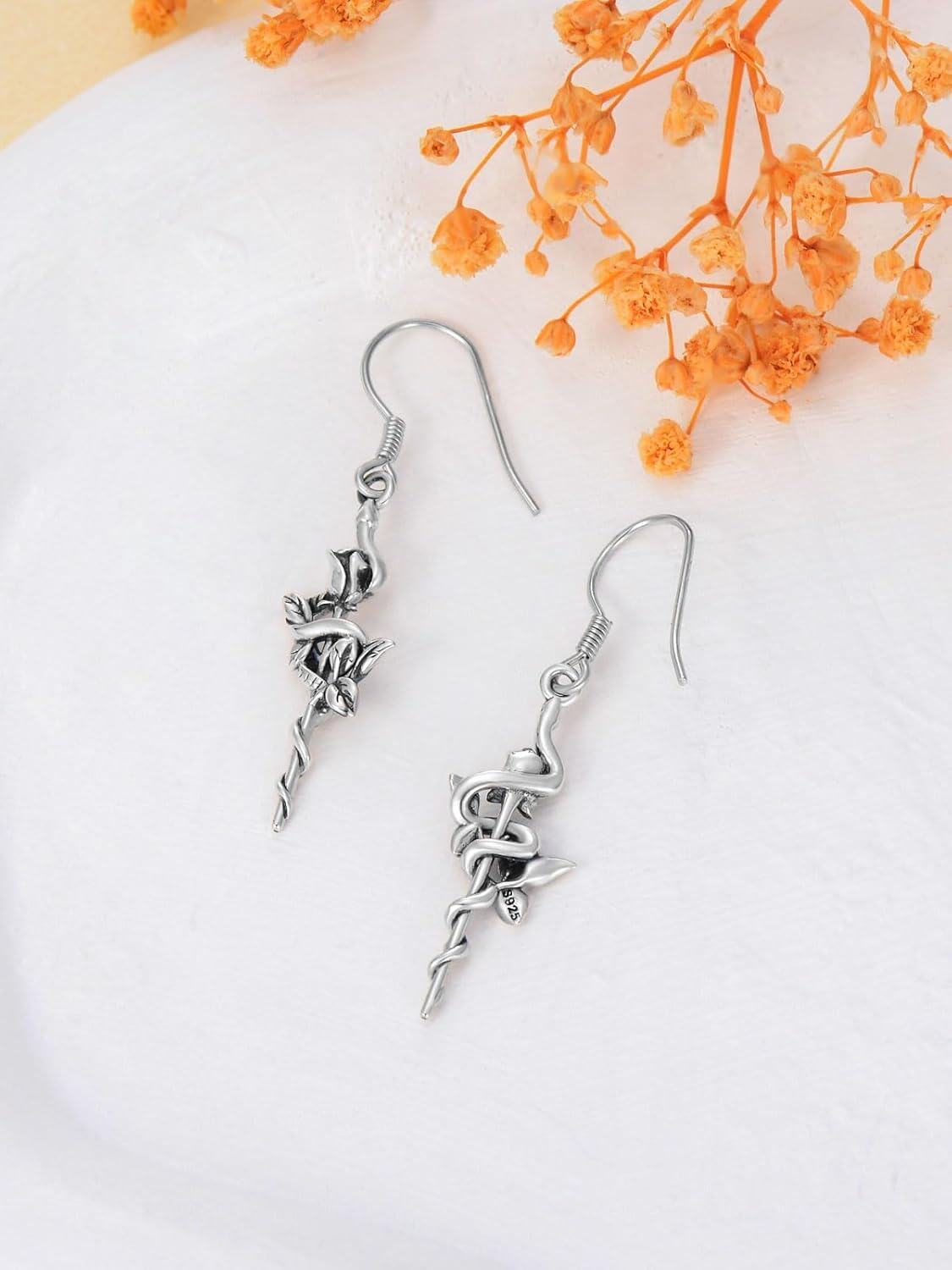 925 Sterling Silver Rose Vine Drop Earrings-0-4