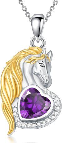 wholesale 925 Sterling Silver Synthetic Birthstone Horse Pendant Necklace Gift for Women-February - Amethyst
