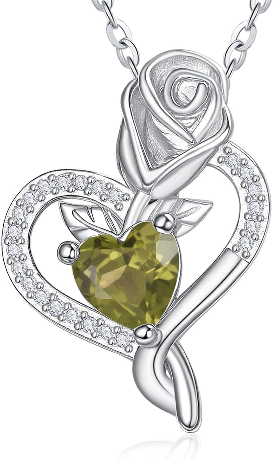 Sterling Silver Birthstone Heart Pendant Necklace for Women-08-Aug