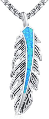 wholesale 925 Sterling Silver Blue Fire Opal Feather Pendant Necklace for Women - Native American Style s-Blue