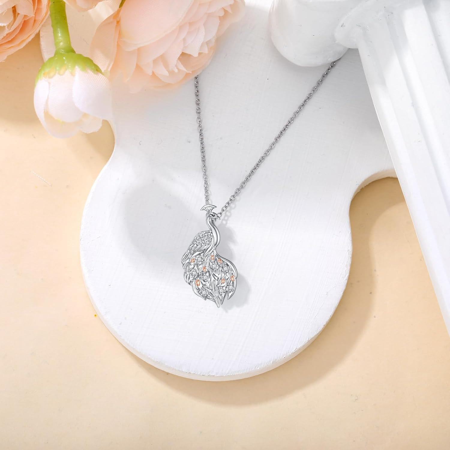 925 Sterling Silver Diamond & Rose Gold Plated Jade Peacock Pendant Necklace-0-1