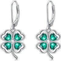 wholesale 925 Sterling Silver Green Crystal Heart-Shaped Shamrock Drop Earrings Irish Celtic Knot  for Women Girls-Clover 1