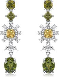 wholesale 925 Sterling Silver Green Cushion Cut Drop Earrings with Yellow and White Stones-Drop-Olive Green