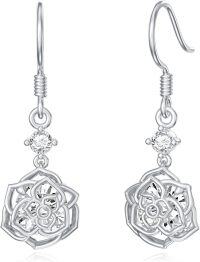 wholesale 925 Sterling Silver CZ Flower Shape Hook Earring Gift for Her-03-Rose Dangle Earrings