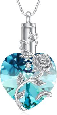 wholesale 925 Sterling Silver Birthstone Heart Rose Flower Urn Necklace for Ashes Memorial Jewelry-12-Dec-Turquoise