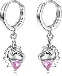 wholesale 925 Sterling Silver Unicorn Pink Crystal Drop Huggie Hoop Earrings for Women Girls-Pink Unicorn Hoop Earrings