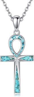 wholesale 925 Sterling Silver Turquoise Inlay Ankh Cross Pendant Necklace Religious s for Women and Men-0-0