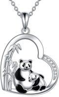 wholesale 925 Sterling Silver Cute Panda Family Bamboo Heart Pendant Necklace with Cubic Zirconia Stones for Women Girls  43cm Chain Length-0-0