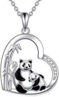 wholesale 925 Sterling Silver Cute Panda Family Bamboo Heart Pendant Necklace with Cubic Zirconia Stones for Women Girls  43cm Chain Length-Panda Necklace