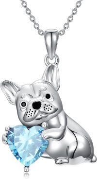 wholesale Metal Synthetic Stone French Bulldog Pendant Necklace for Women-March(Aquamarine)