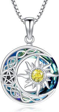 wholesale Sterling Silver Blue Crystal Sun Moon Necklace Women Birthstone Celtic Pendant Jewelry Gifts-11 Nov