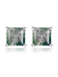 wholesale 925 Sterling Silver Moss Agate Square Cut Prong Set Stud Earrings-Princess Cut