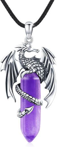 wholesale 925 Sterling Silver Purple Quartz Dragon Pendant Necklaces for Men & Women-Purple