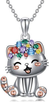 wholesale  Sterling Silver Birthstone Highland Cow Panda Fox Frog Koala Guinea Pig Elephant Necklace Gift -White Cat