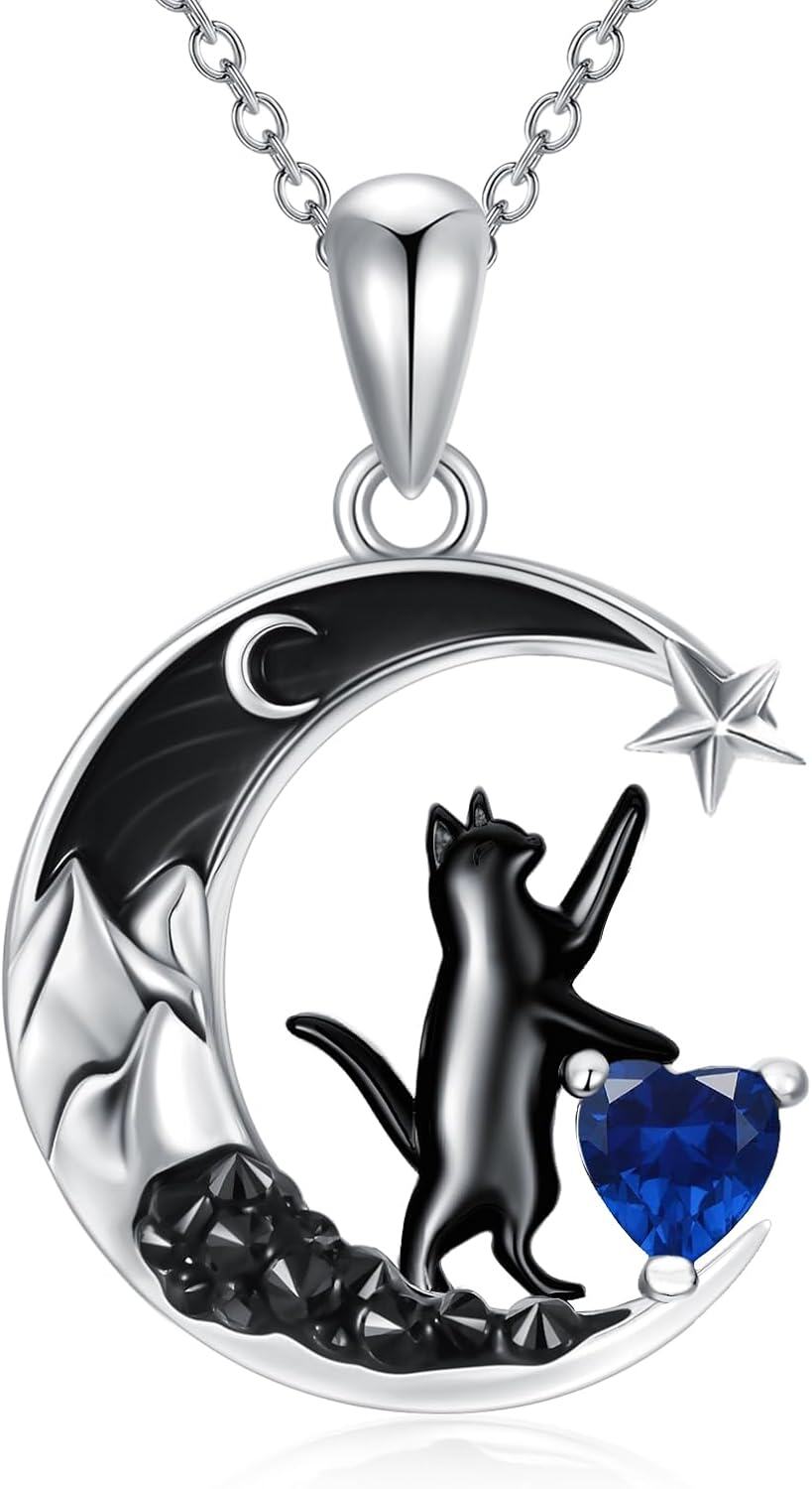 Sterling Silver Black Cat Necklace with Heart Birthstone Crescent Moon Star Pendant Gothic Jewelry Gift for Women Wife Cat Lover-09-Sep-Sapphire