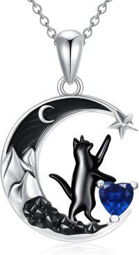 wholesale 925 Sterling Silver Black Cat Necklace with Heart Birthstone Crescent Moon Star Pendant Gothic Jewelry Gift for Women Wife Cat Lover-09-Sep-Sapphire
