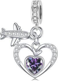wholesale 925 Sterling Silver Birthstone Heart Charm with Airplane Charms for Anklets Women Mom Lover-02-Febuary-Purple