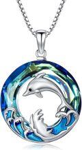 wholesale 925 Sterling Silver Blue Crystal Dolphin Wave Pendant Necklace-0-0