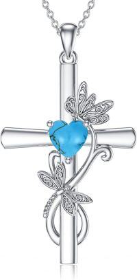 wholesale Sterling Silver Birthstone Dragonfly Cross Pendant Necklace for Women-13-Turqoise