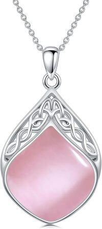 wholesale Sterling Silver Natural Stone Celtic Knot Teardrop Pendant Necklace-Pink Quartz