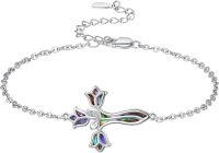 wholesale 925 Sterling Silver Abalone Shell Inlay Rose Tulip Cross Charm Bracelet for Women Christian Catholic Faith  6-8 Adjustable Chain Length-Silver