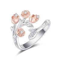 wholesale 925 Sterling Silver Rose Branch Ring With Diamond Accents-Pink Rose Flower