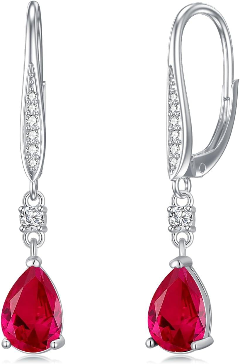 Sterling Silver Austrian Crystal Teardrop Leverback Earrings Women s Gift-07-ruby-Jul