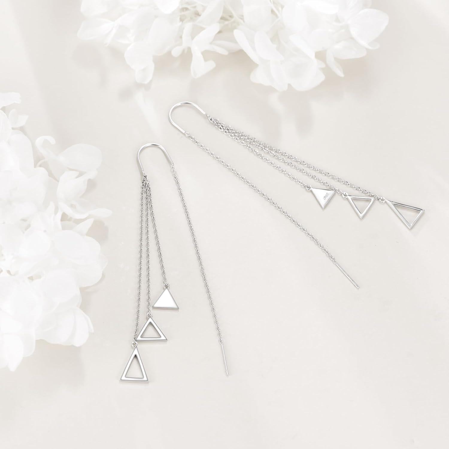 925 Sterling Silver Triangle Threader Dangle Drop Earrings with Chain for Women-0-4