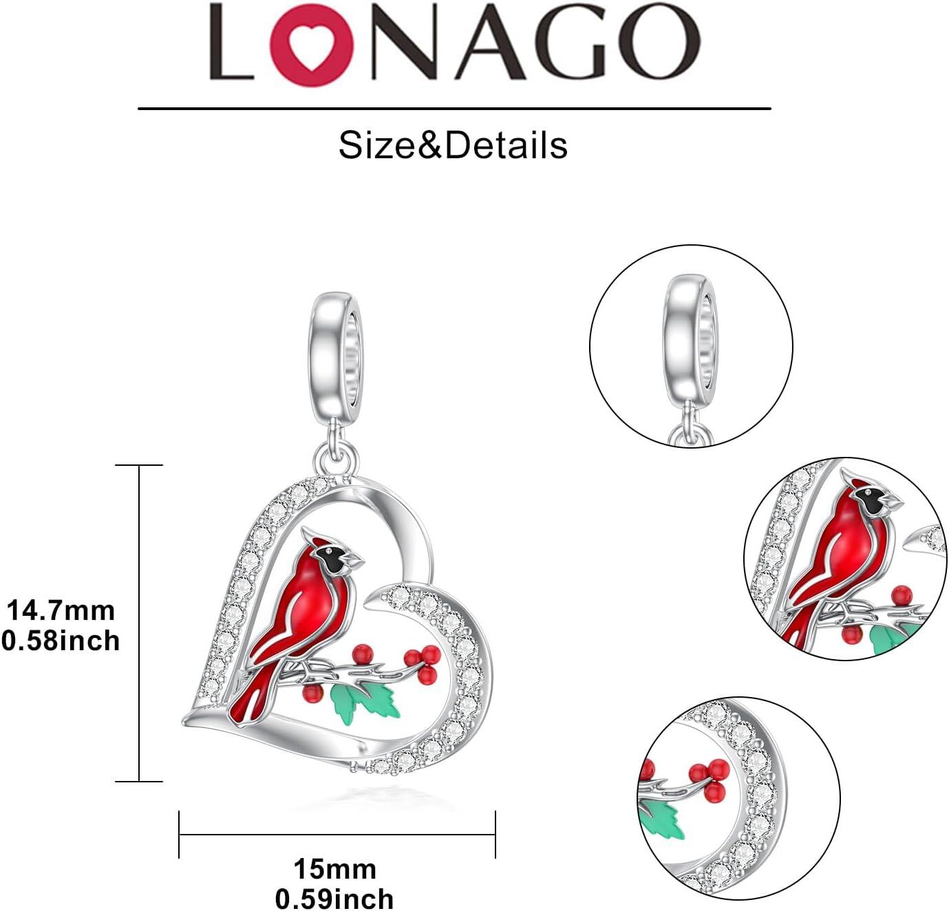 925 Sterling Silver Heart-Shaped Pendant with Red Cardinal and Berries Design for Bracelets or Necklaces-0-4