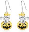 wholesale 925 Sterling Silver Hypoallergenic Cute Black and Gold Cat on Jack-o'-lantern Drop Earrings for Women & Girls-0-0