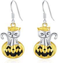 wholesale 925 Sterling Silver Hypoallergenic Cute Black and Gold Cat on Jack-o'-lantern Drop Earrings for Women & Girls-Silver